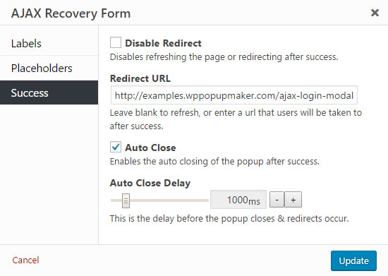 AJAX Password Recovery Modal with Redirect