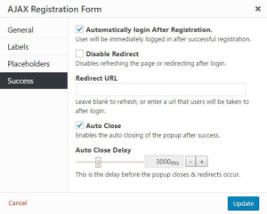 AJAX Registration Modal Success Settings