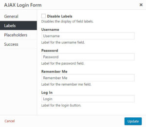 AJAX Login Modals Labels Settings